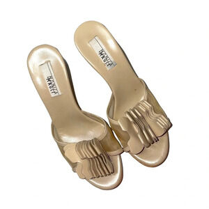 Monica Magli Tan Flutter Mesh Inset Slip-on Wooden Wedged Sandals 6 Women’s